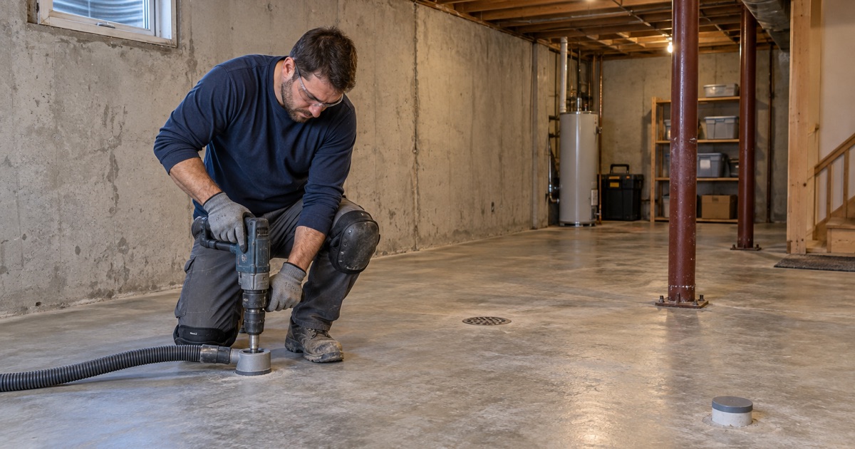 A relative humidity probe hole drilled into a Mount Prospect basement slab before any coating is quoted.
