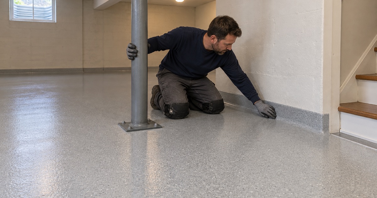A light gray quartz epoxy basement floor in a Mount Prospect ranch, turned up into a coved base at the foundation wall.