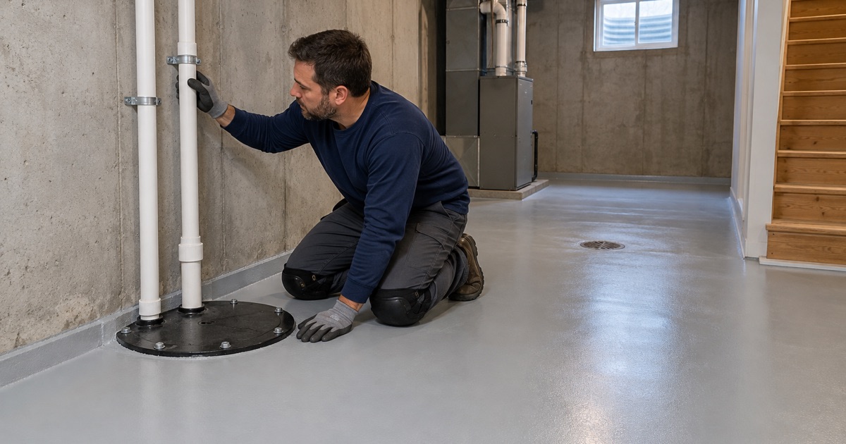A coated Mount Prospect basement floor finished tight around a sealed overhead-sewer ejector basin lid.