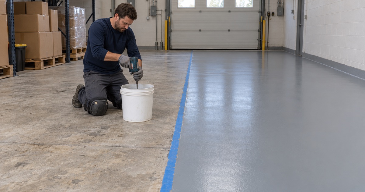 One half of a Mount Prospect business park flex bay coated while shelving waits on the bare half, done in phases so the tenant keeps working.