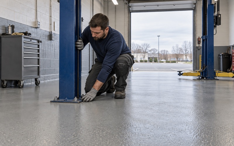 A gray epoxy floor around a two-post vehicle lift in a Mount Prospect auto service bay.