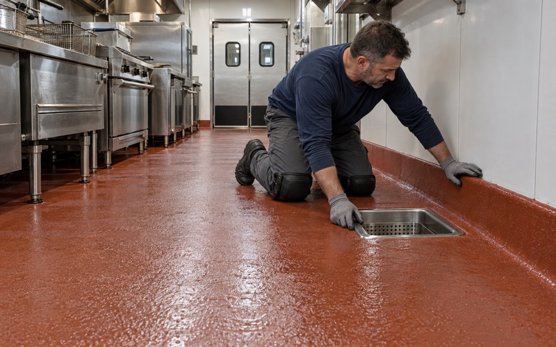 A urethane cement restaurant kitchen floor coved up the wall and sloped into a floor sink under the cook line in Mount Prospect.