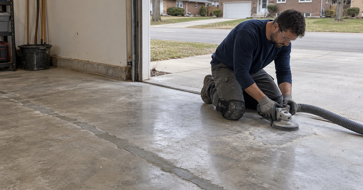 A chased crack and spalled patch filled with repair mortar and ground flush in a Mount Prospect garage before coating.