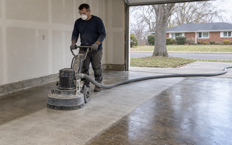 A walk-behind planetary grinder with dust capture opening up an old sealed garage slab in a Mount Prospect ranch.
