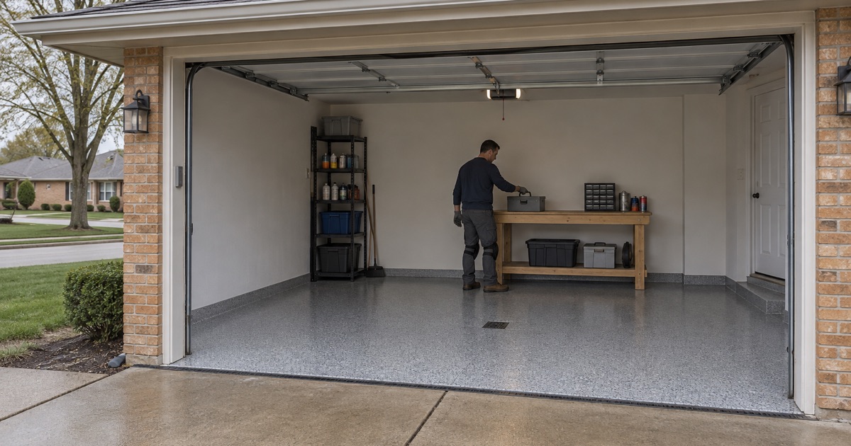 A finished gray, black and white flake floor in the attached garage of a 1950s brick ranch in Mount Prospect, the door raised to a maple-lined street.