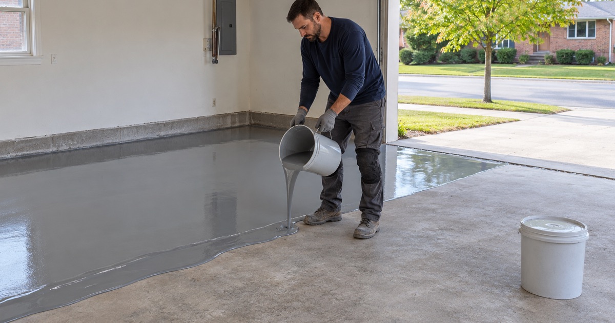 A gray epoxy body coat poured in a ribbon across a ground garage slab in a Mount Prospect split-level.