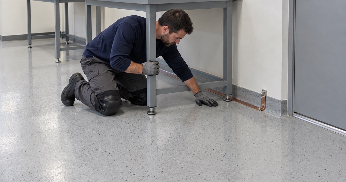 A static-dissipative epoxy floor bonded to its copper grounding strip under assembly benches in a Mount Prospect business park.