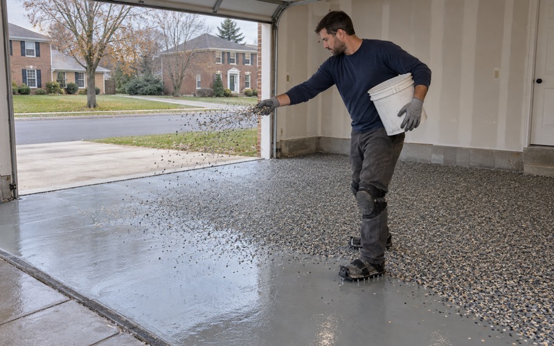 Vinyl flake broadcast in an arc onto a wet base coat in the attached garage of a Mount Prospect Georgian.