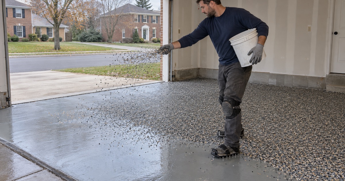 Vinyl flake broadcast in an arc onto a wet base coat in the attached garage of a Mount Prospect Georgian.