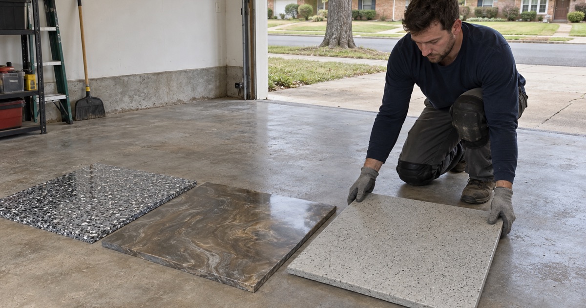 Three cured floor samples, flake, metallic and polished, laid side by side on a bare Mount Prospect garage slab to choose a finish.