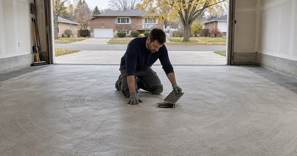 A Mount Prospect garage slab ground to a pale open profile, its center floor drain grate lifted out before coating.
