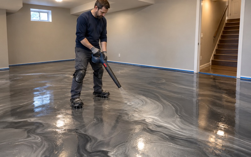 A handheld blower moving silver and charcoal pigment through a wet metallic epoxy pour in a Mount Prospect basement rec room.