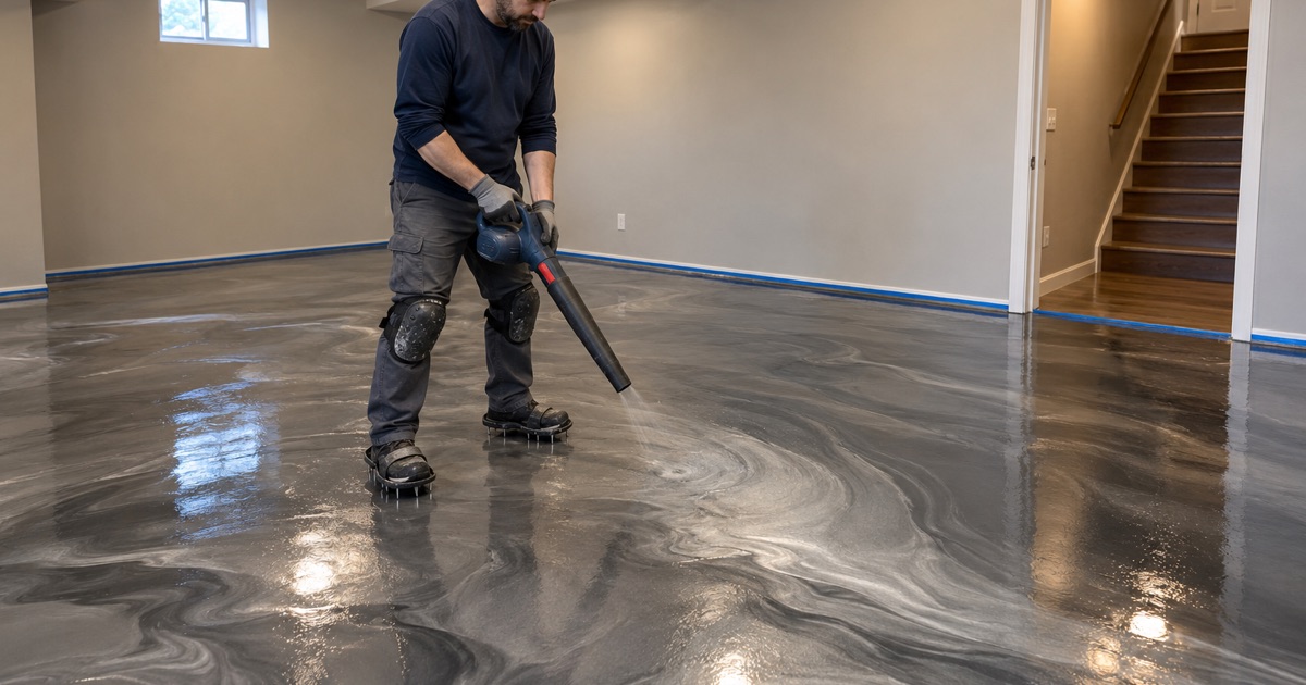 A handheld blower moving silver and charcoal pigment through a wet metallic epoxy pour in a Mount Prospect basement rec room.