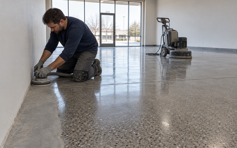 A hand edge polisher bringing the strip along a storefront wall up to the sheen of a polished retail floor in Mount Prospect.