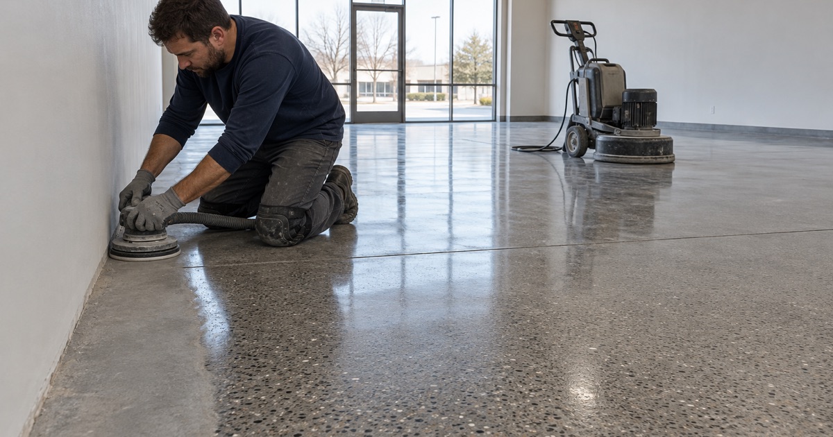 A hand edge polisher bringing the strip along a storefront wall up to the sheen of a polished retail floor in Mount Prospect.