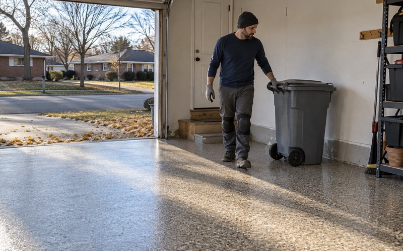 A trash cart rolled back onto a polyaspartic flake garage floor the same day it was coated, in a Mount Prospect ranch.